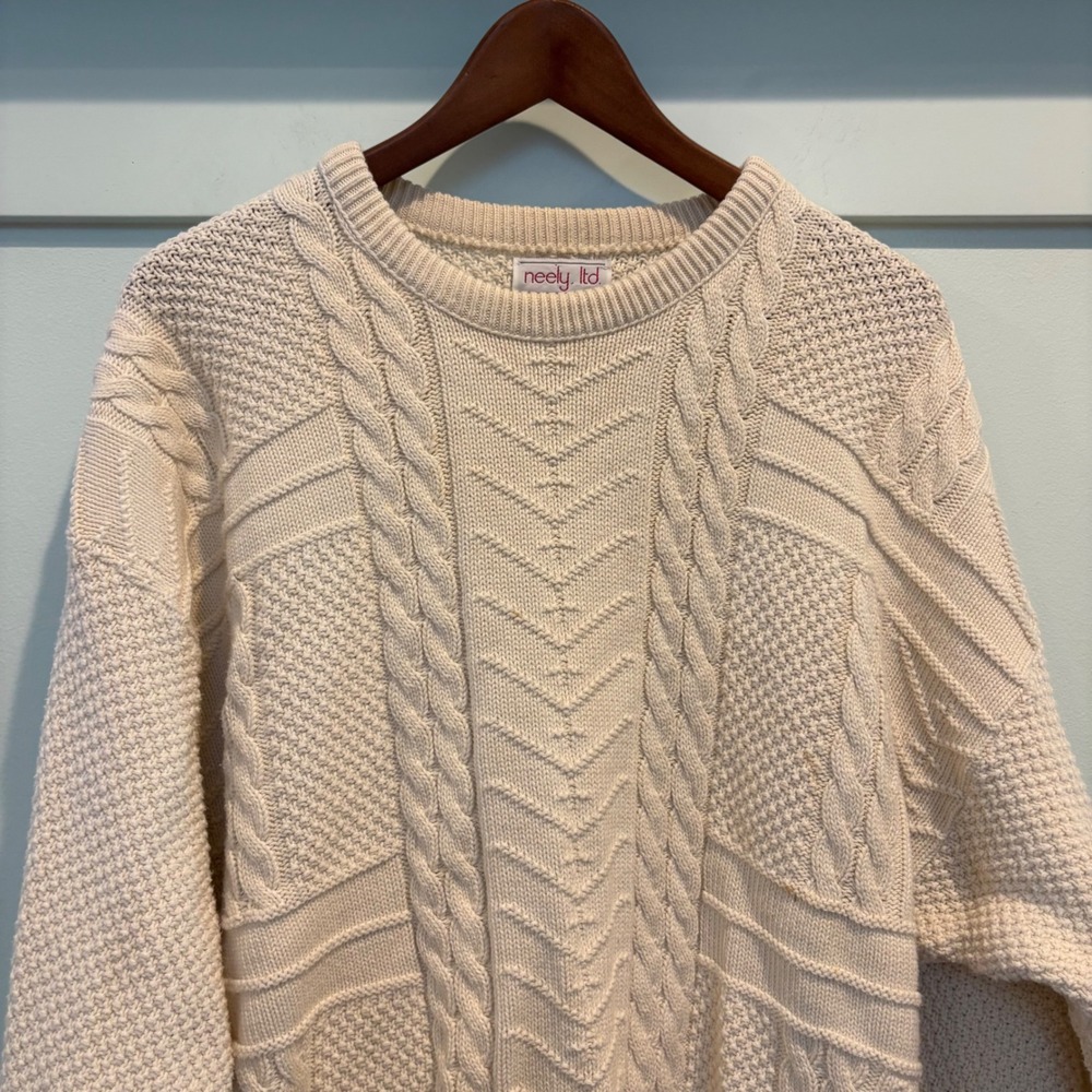 Vintage USA Made Fisherman Sweater Chunky Textured Cable Knit Womens Cream XL - Picture 4 of 10